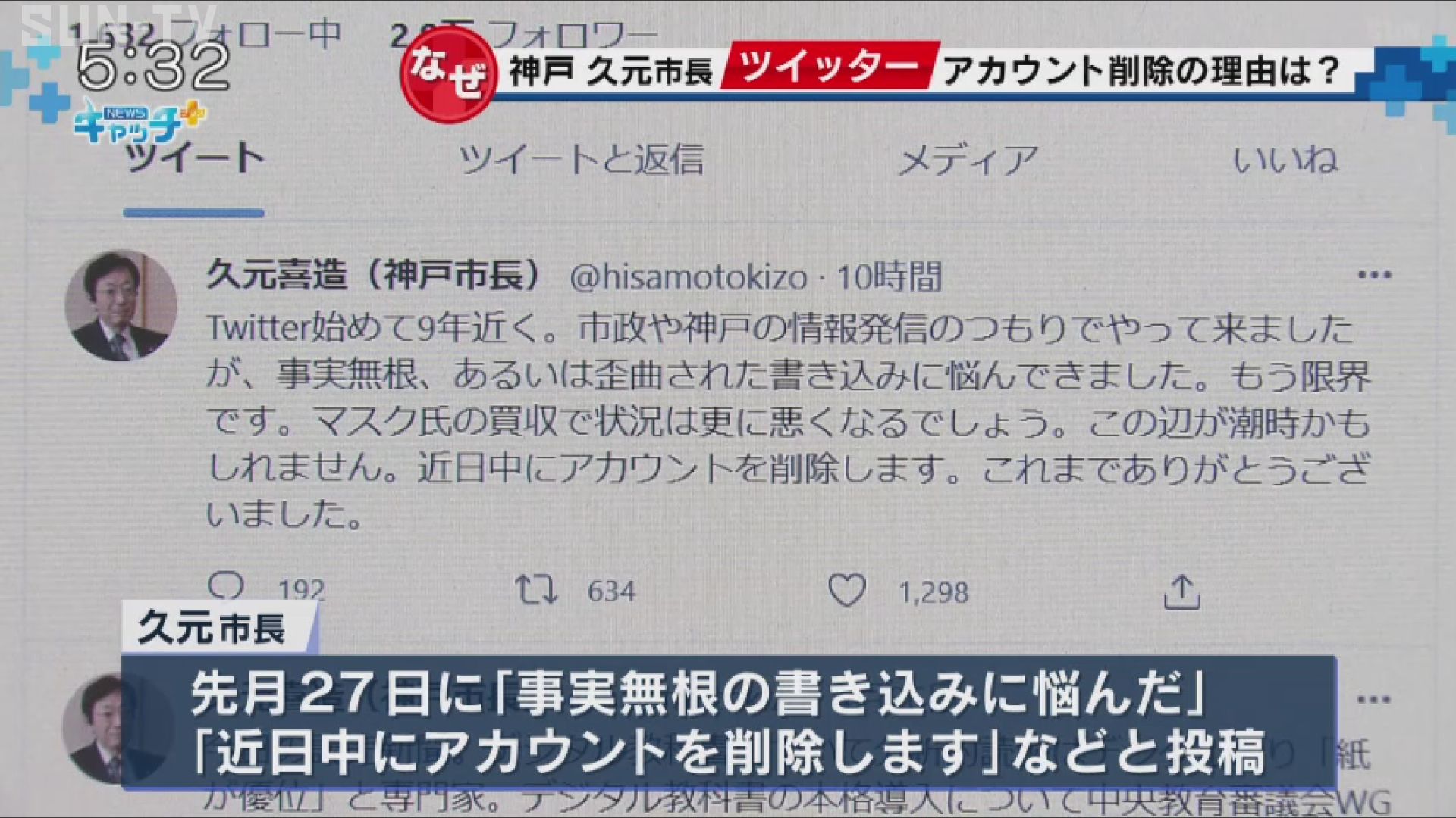 神戸市・久元市長ツイッター削除 「デメリットがあった」 - サンテレビ